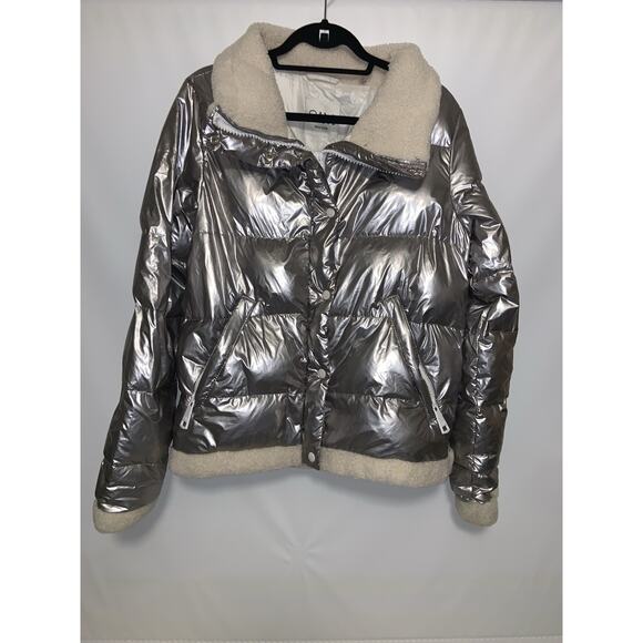 SAM NY Gigi Real Lamb Shearling Trim Down Filled Jacket Puffer Silver Size XL